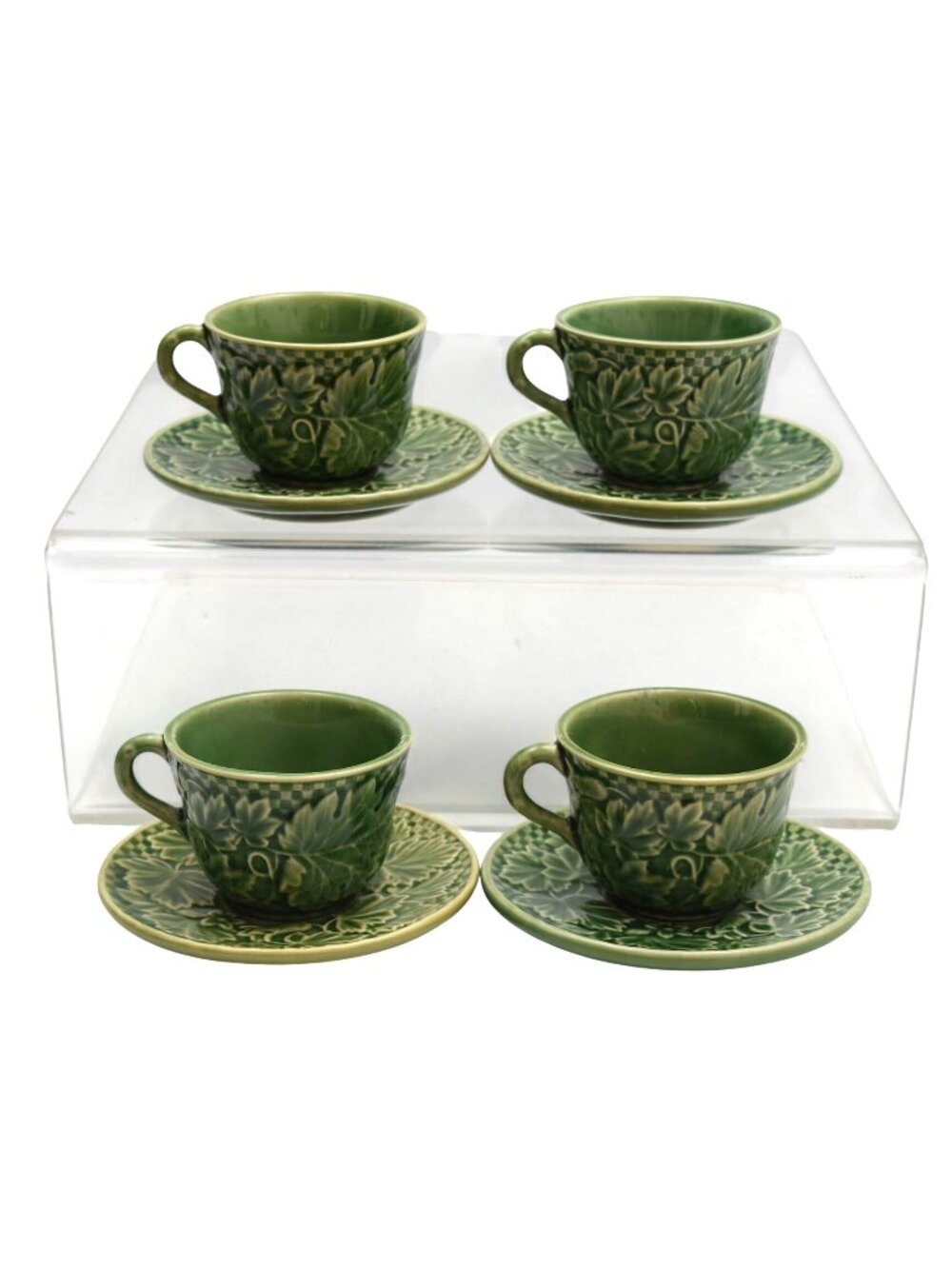 4 Vintage Bordallo Pinheiro Green Grape Leaf Vine Demitasse Espresso Cup Saucer